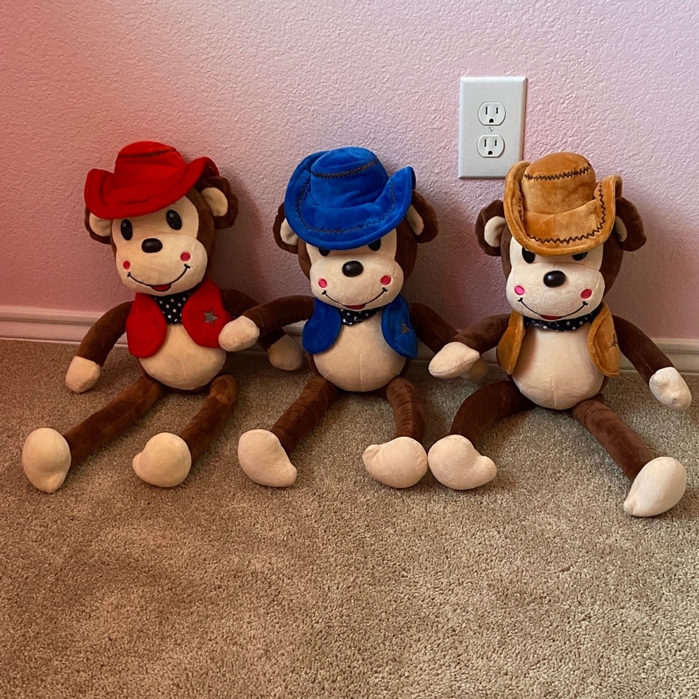 Cowboy Monkey Plush Trio - Red, Blue, and Tan